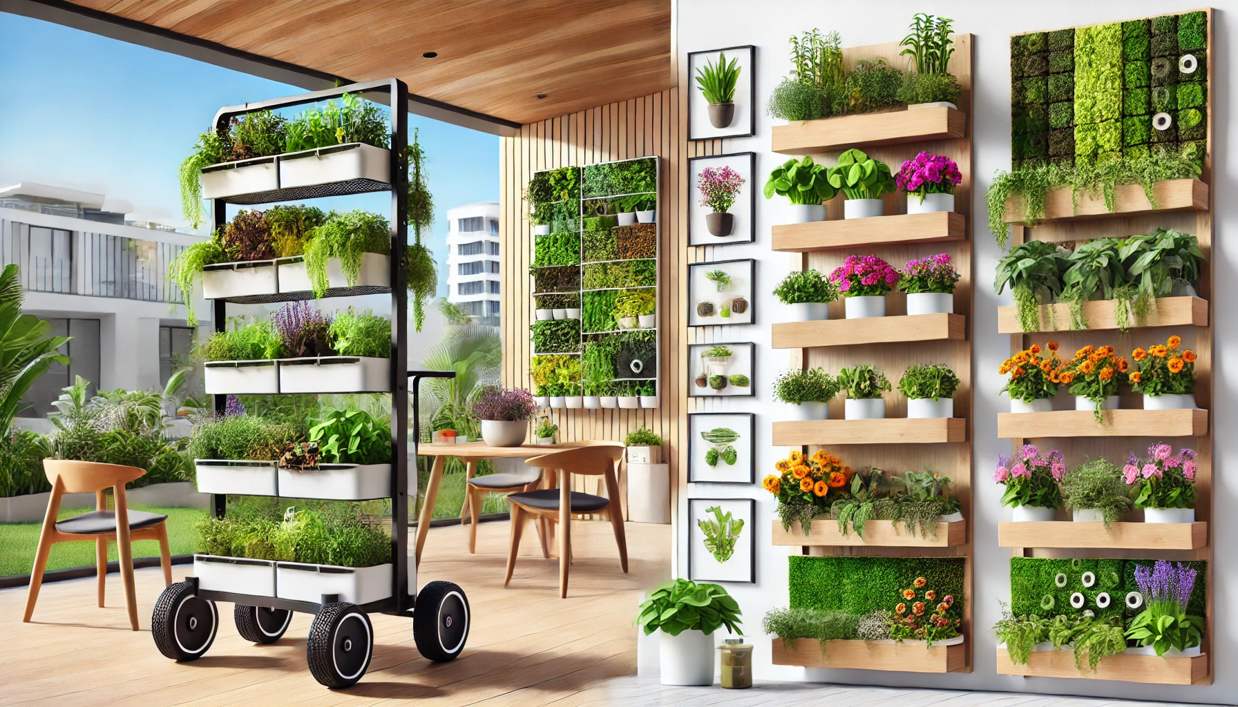 A collection of vertical gardens featuring both mobile and wall-mounted systems